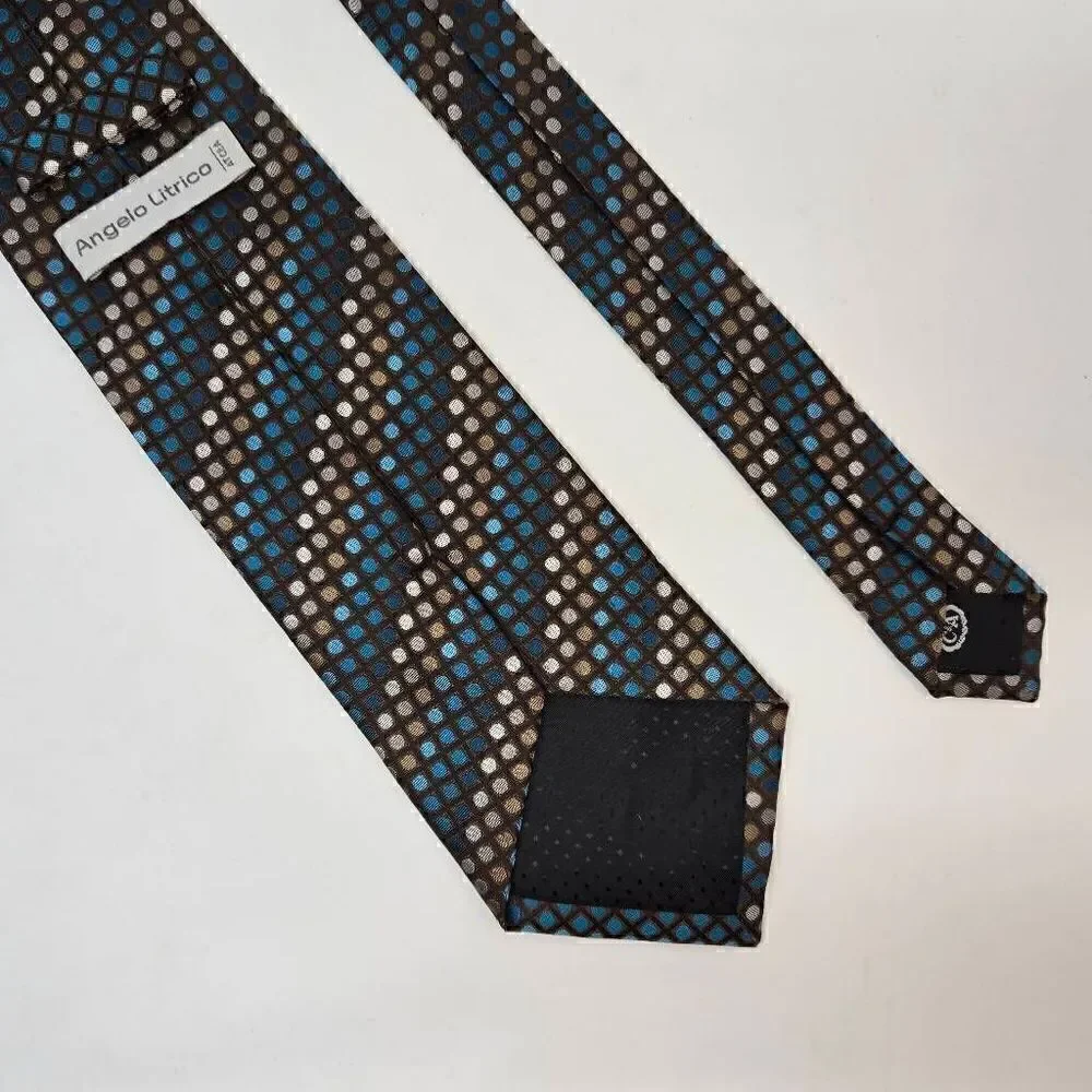 ANGELO LITRICO SILK TIE BLUE BROWN POLKA DOT STRIPE ART DECO STYLE 3.75